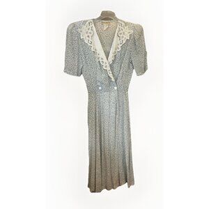 Jane Singer Vintage Prairie White Lace Collar Blue Floral Cottagecore Dress 4